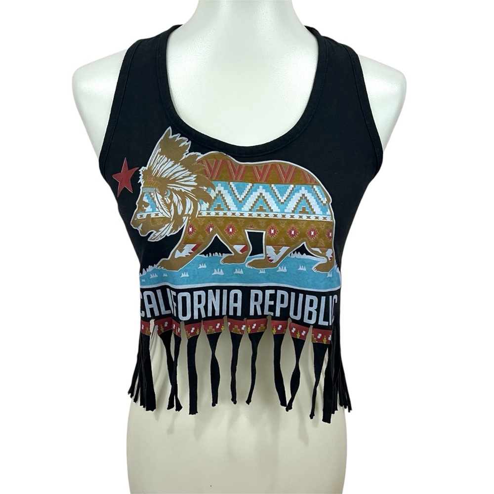 Boho Black California Republic Bear Aztec Western Fringe Crop Tank Top